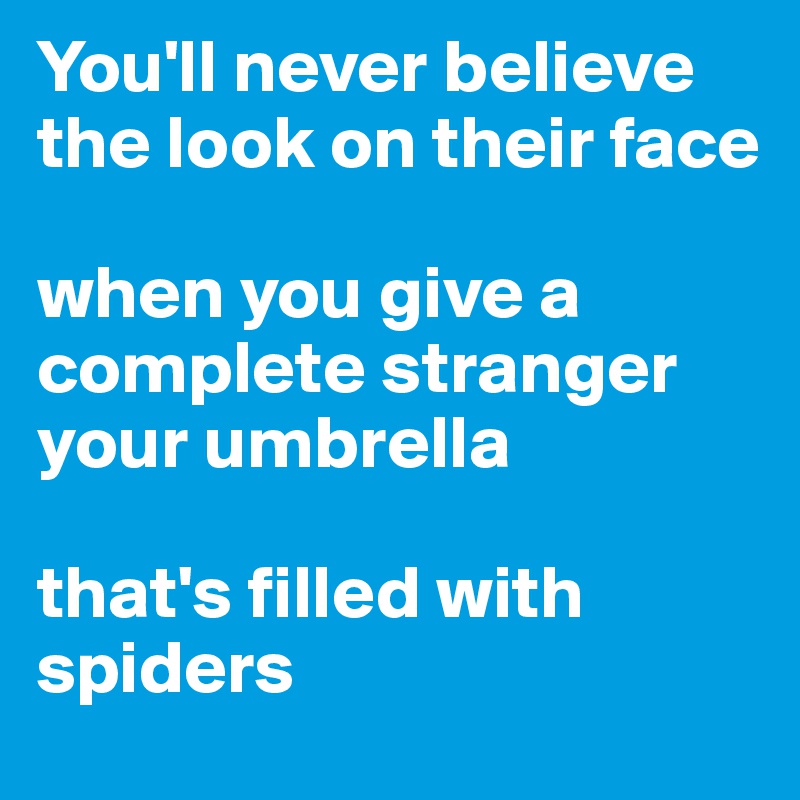 You'll never believe the look on their face

when you give a complete stranger your umbrella

that's filled with spiders
