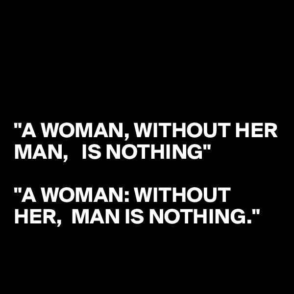




"A WOMAN, WITHOUT HER MAN,   IS NOTHING"

"A WOMAN: WITHOUT HER,  MAN IS NOTHING."

