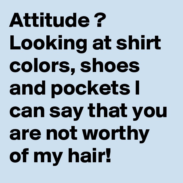 Attitude ?
Looking at shirt colors, shoes and pockets I can say that you are not worthy of my hair!