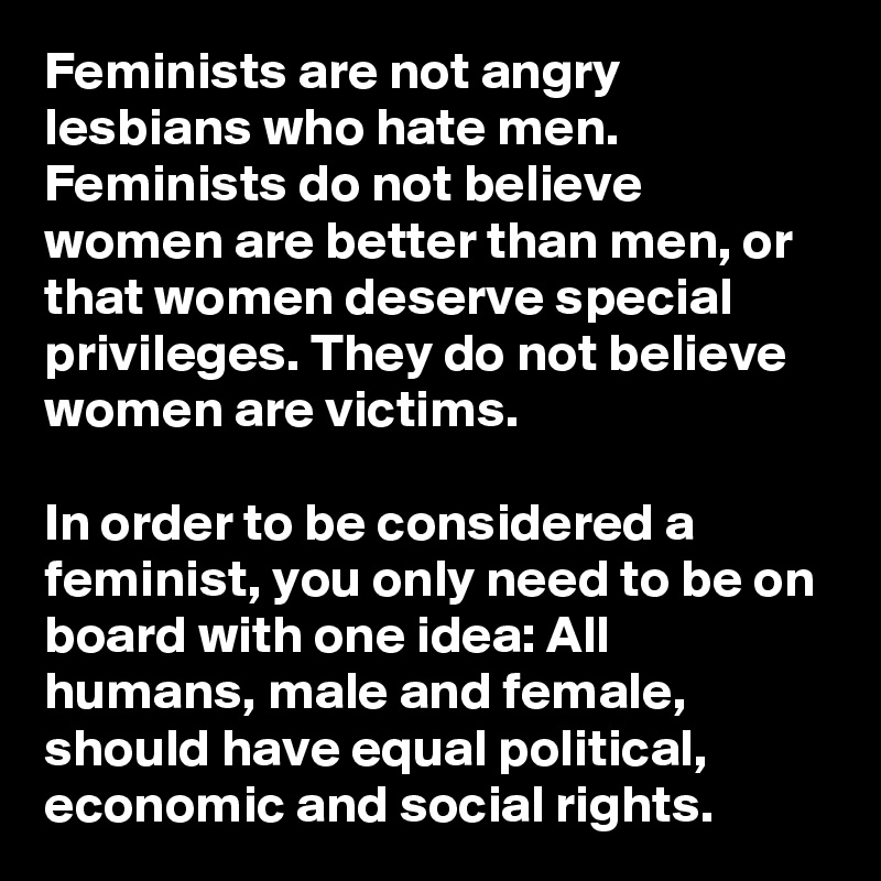 Feminists are not angry lesbians who hate men. Feminists do not believe women are better than men, or that women deserve special privileges. They do not believe women are victims.

In order to be considered a feminist, you only need to be on board with one idea: All humans, male and female, should have equal political, economic and social rights.