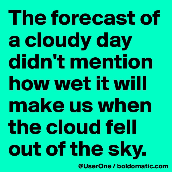 The forecast of a cloudy day didn't mention how wet it will make us when the cloud fell out of the sky. 