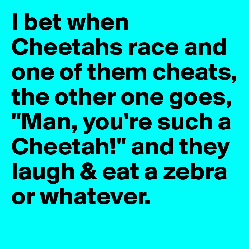 I bet when Cheetahs race and one of them cheats, the other one goes, "Man, you're such a Cheetah!" and they laugh & eat a zebra or whatever.
