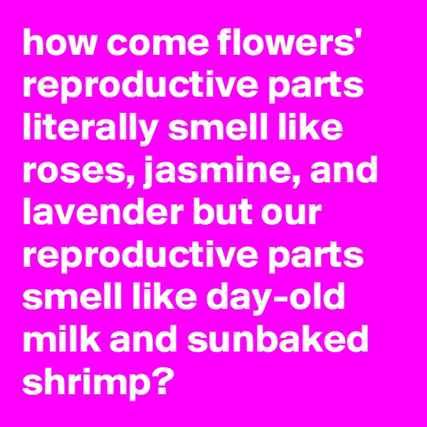 how come flowers' reproductive parts literally smell like roses, jasmine, and lavender but our reproductive parts smell like day-old milk and sunbaked shrimp?