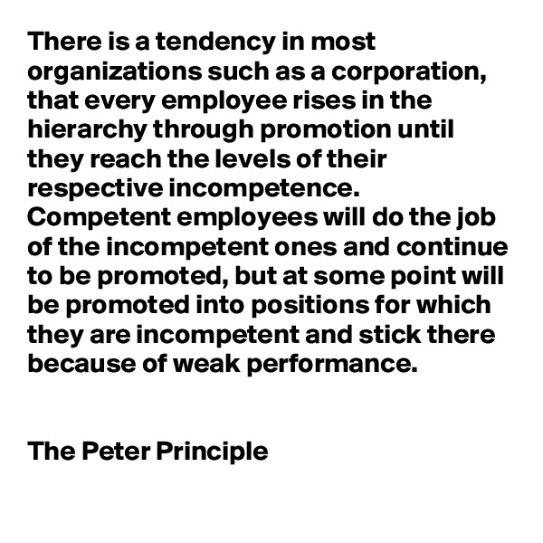 There is a tendency in most organizations such as a corporation, that every employee rises in the hierarchy through promotion until they reach the levels of their respective incompetence. 
Competent employees will do the job of the incompetent ones and continue to be promoted, but at some point will be promoted into positions for which they are incompetent and stick there because of weak performance.


The Peter Principle
