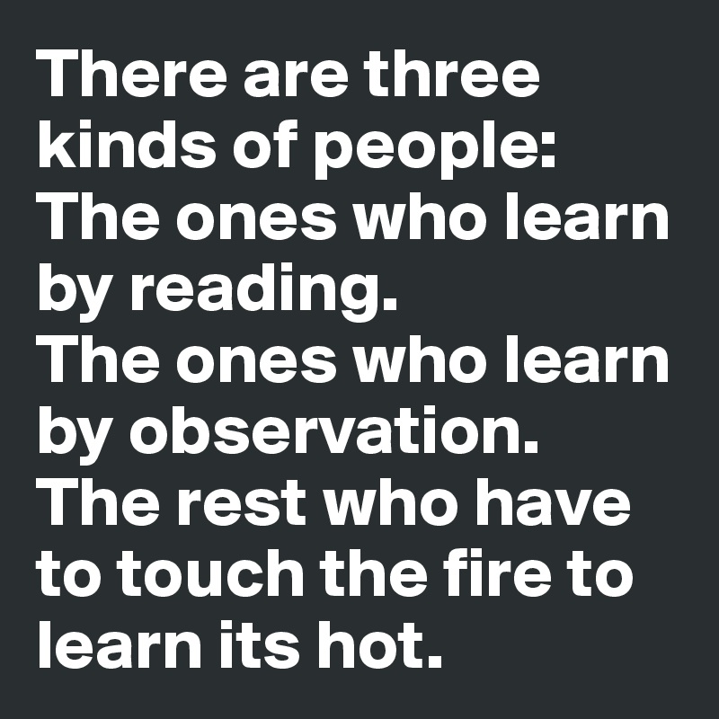 There are three kinds of people:
The ones who learn by reading.
The ones who learn by observation.
The rest who have to touch the fire to learn its hot.