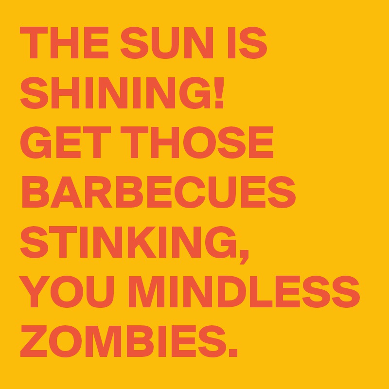 THE SUN IS SHINING!
GET THOSE BARBECUES STINKING,
YOU MINDLESS ZOMBIES. 
