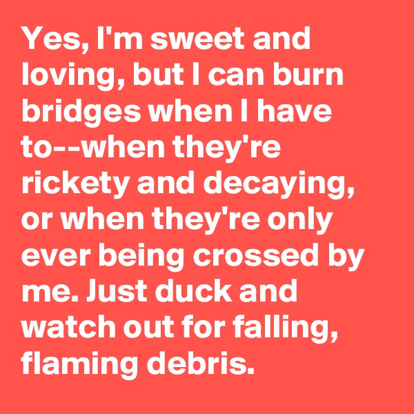 Yes, I'm sweet and loving, but I can burn bridges when I have to--when they're rickety and decaying, or when they're only ever being crossed by me. Just duck and watch out for falling, flaming debris.