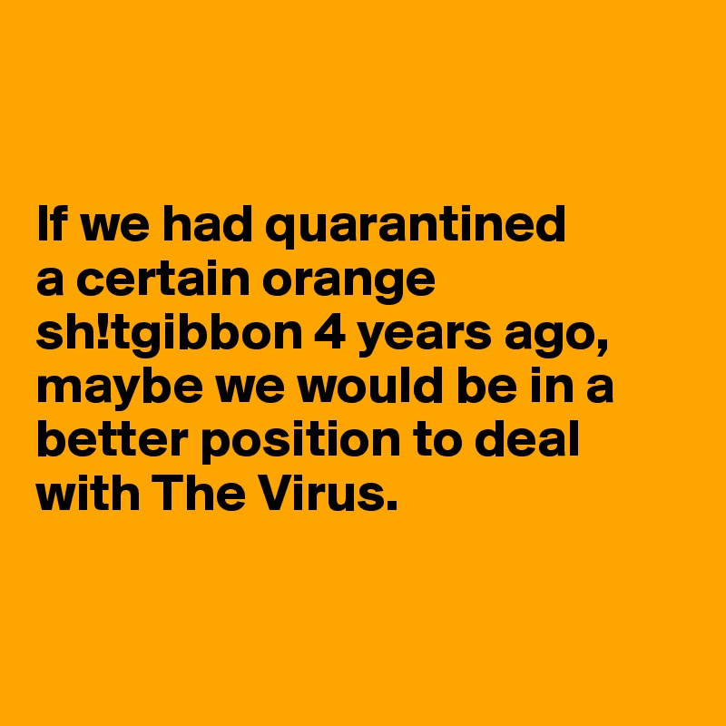 


If we had quarantined
a certain orange
sh!tgibbon 4 years ago, maybe we would be in a better position to deal with The Virus.


