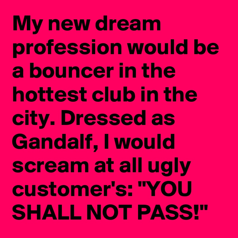 My new dream profession would be a bouncer in the hottest club in the city. Dressed as Gandalf, I would scream at all ugly customer's: "YOU SHALL NOT PASS!"