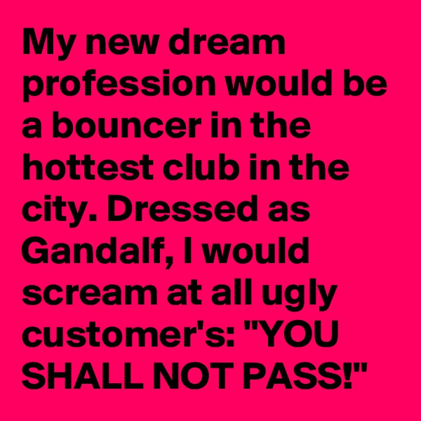 My new dream profession would be a bouncer in the hottest club in the city. Dressed as Gandalf, I would scream at all ugly customer's: "YOU SHALL NOT PASS!"