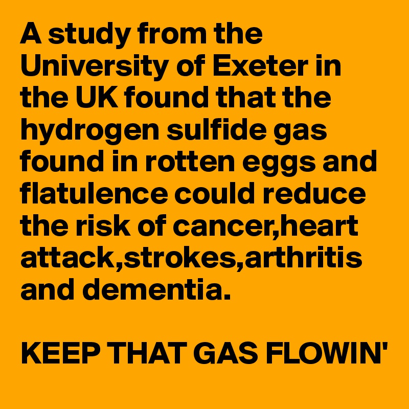 A study from the University of Exeter in the UK found that the hydrogen sulfide gas found in rotten eggs and flatulence could reduce the risk of cancer,heart attack,strokes,arthritis and dementia. 

KEEP THAT GAS FLOWIN'