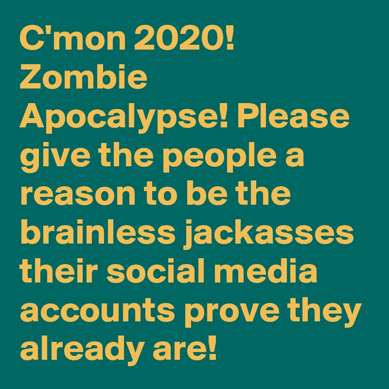 C'mon 2020! Zombie Apocalypse! Please give the people a reason to be the brainless jackasses their social media accounts prove they already are!