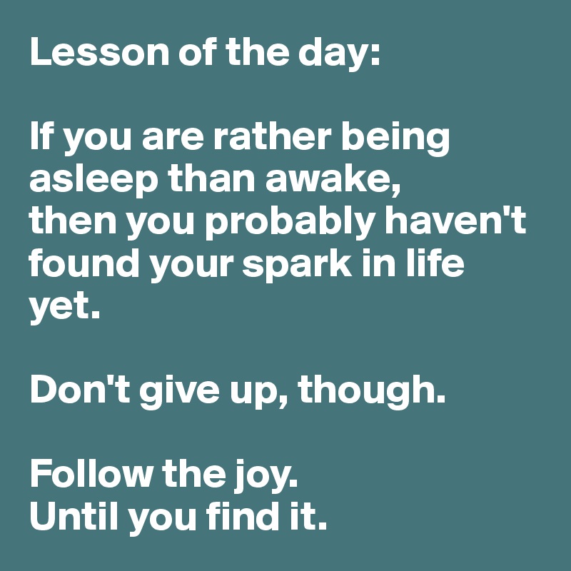 Lesson of the day:

If you are rather being asleep than awake, 
then you probably haven't found your spark in life yet.

Don't give up, though. 

Follow the joy. 
Until you find it. 