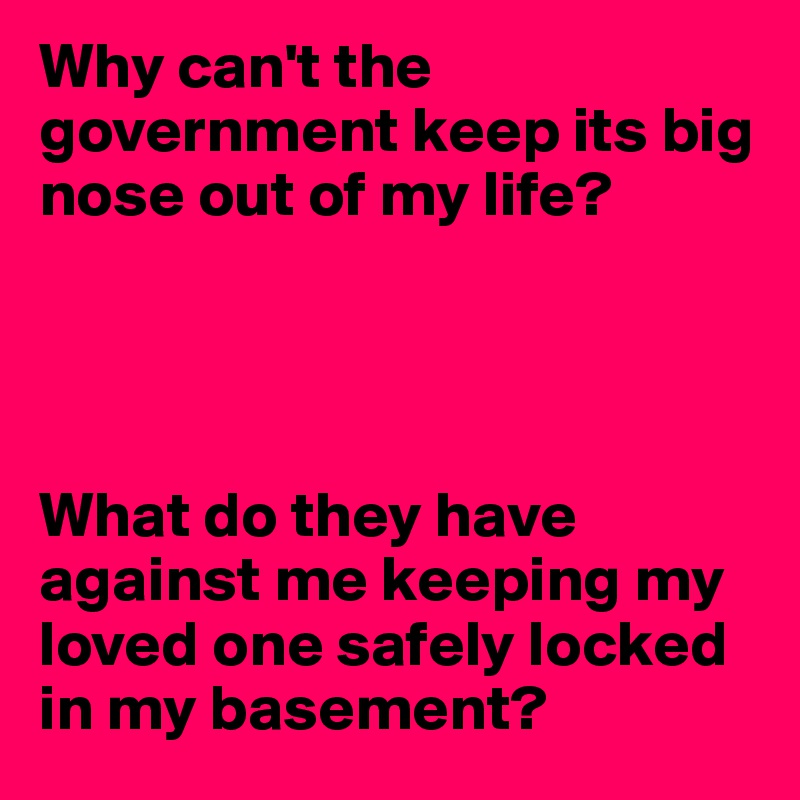 Why can't the government keep its big nose out of my life?




What do they have against me keeping my loved one safely locked in my basement?