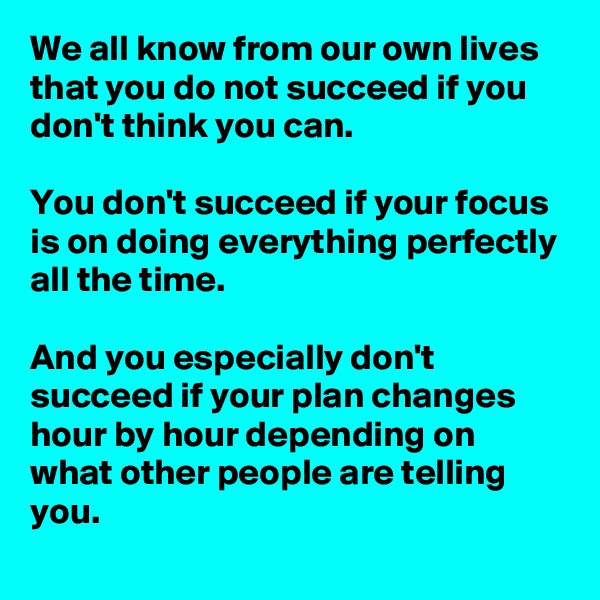 We all know from our own lives that you do not succeed if you don't think you can.

You don't succeed if your focus is on doing everything perfectly all the time.

And you especially don't succeed if your plan changes hour by hour depending on what other people are telling you.
