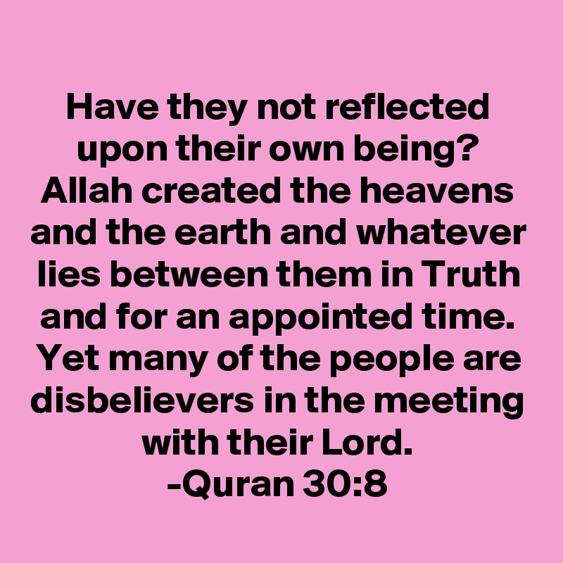 
Have they not reflected upon their own being? Allah created the heavens and the earth and whatever lies between them in Truth and for an appointed time. Yet many of the people are disbelievers in the meeting with their Lord.
-Quran 30:8
