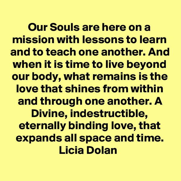 Our Souls are here on a mission with lessons to learn and to teach one another. And when it is time to live beyond our body, what remains is the love that shines from within and through one another. A Divine, indestructible, eternally binding love, that expands all space and time.
Licia Dolan 
