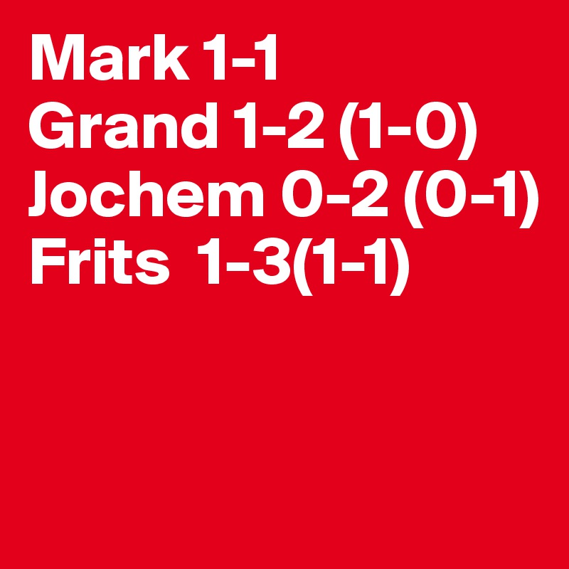 Mark 1-1
Grand 1-2 (1-0)
Jochem 0-2 (0-1)
Frits  1-3(1-1) 


