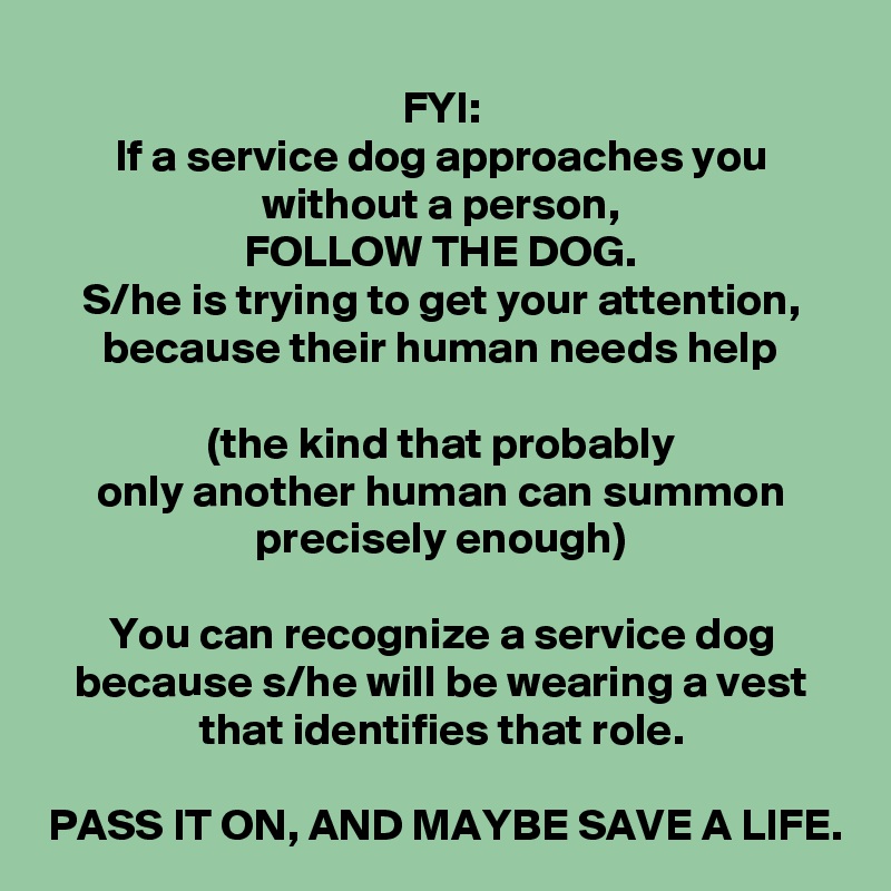 FYI:
If a service dog approaches you without a person,
FOLLOW THE DOG.
S/he is trying to get your attention, because their human needs help

(the kind that probably
only another human can summon precisely enough)

You can recognize a service dog because s/he will be wearing a vest that identifies that role.

PASS IT ON, AND MAYBE SAVE A LIFE.