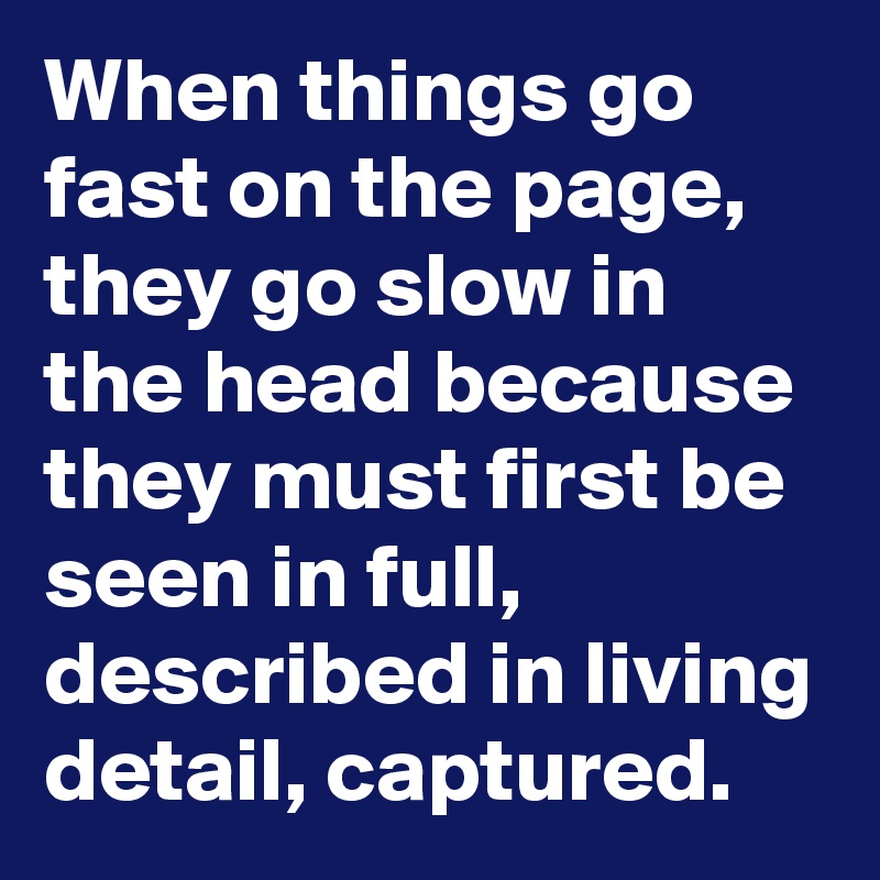 When things go fast on the page, they go slow in the head because they must first be seen in full, described in living detail, captured.
