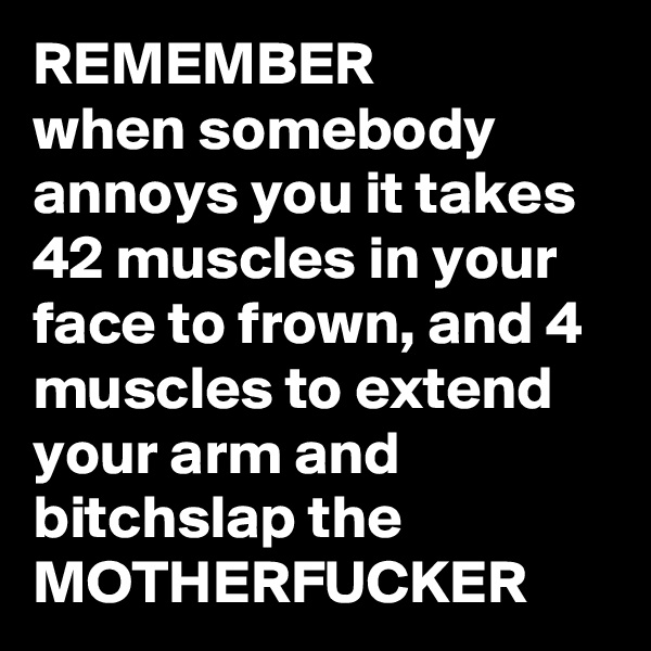 REMEMBER
when somebody annoys you it takes 42 muscles in your face to frown, and 4 muscles to extend your arm and bitchslap the 
MOTHERFUCKER