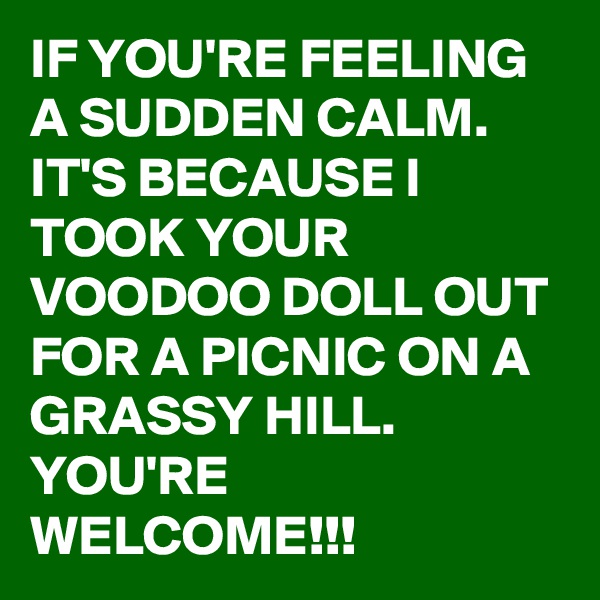 IF YOU'RE FEELING A SUDDEN CALM. IT'S BECAUSE I TOOK YOUR VOODOO DOLL OUT FOR A PICNIC ON A GRASSY HILL.          YOU'RE WELCOME!!!