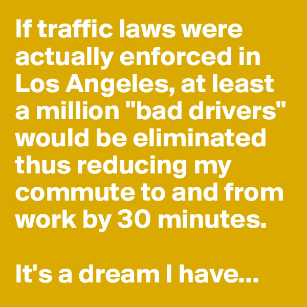 If traffic laws were actually enforced in Los Angeles, at least a million "bad drivers" would be eliminated thus reducing my commute to and from work by 30 minutes.

It's a dream I have...