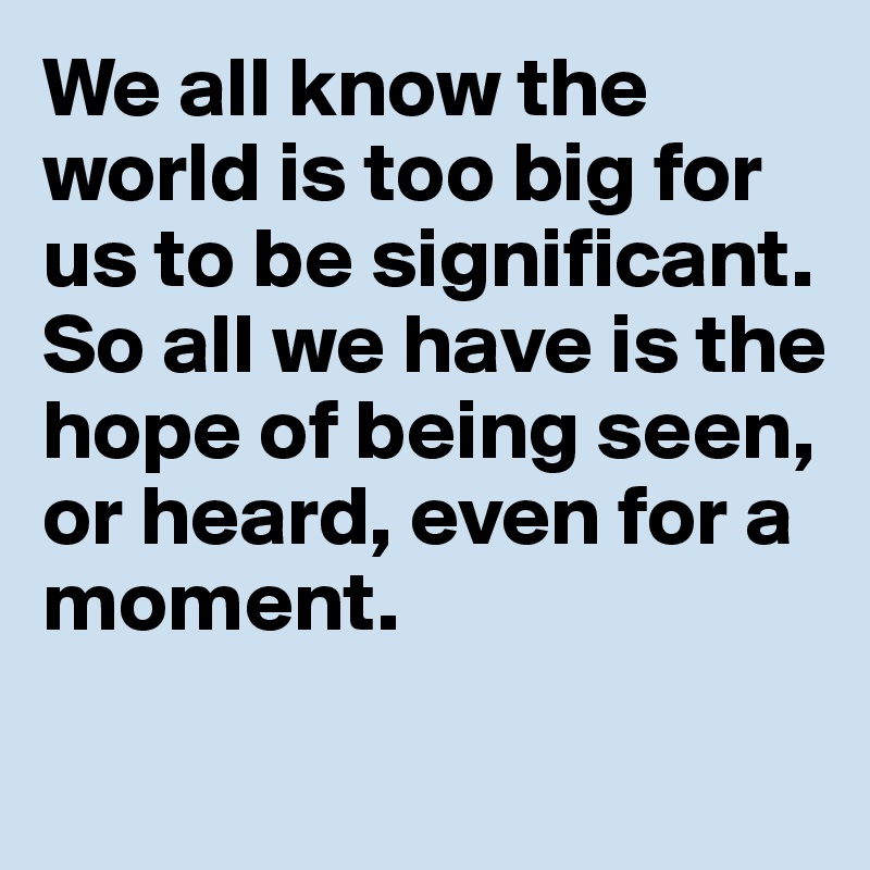 We all know the world is too big for us to be significant. So all we have is the hope of being seen, or heard, even for a moment.

