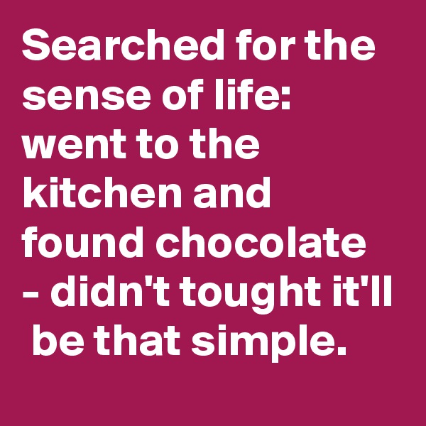 Searched for the sense of life:
went to the kitchen and found chocolate  - didn't tought it'll  be that simple.