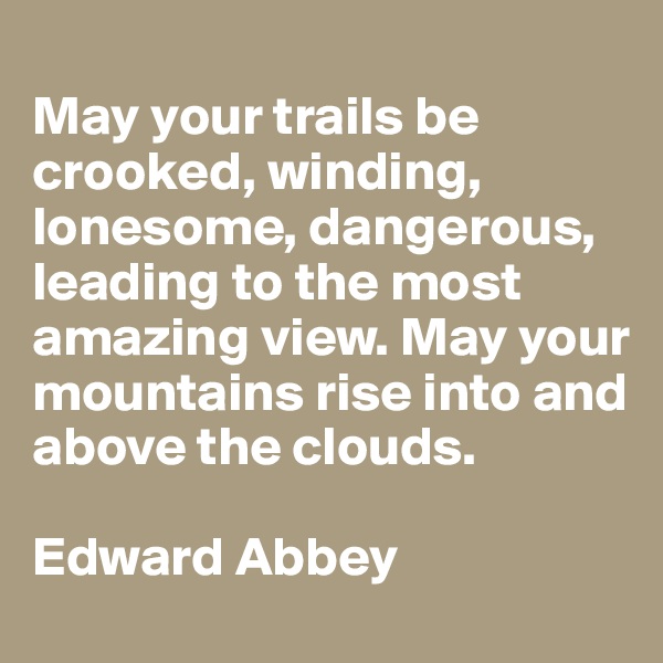 
May your trails be crooked, winding, lonesome, dangerous, leading to the most amazing view. May your mountains rise into and above the clouds.
 
Edward Abbey