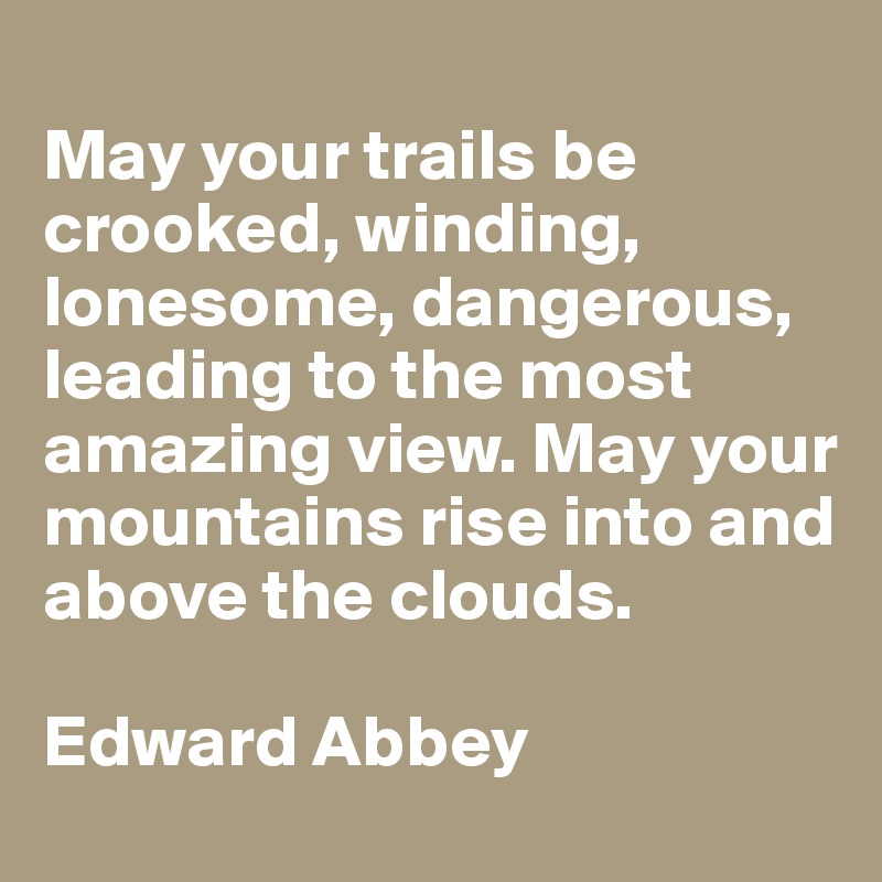 
May your trails be crooked, winding, lonesome, dangerous, leading to the most amazing view. May your mountains rise into and above the clouds.
 
Edward Abbey