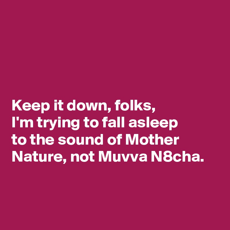 




Keep it down, folks, 
I'm trying to fall asleep 
to the sound of Mother Nature, not Muvva N8cha.  


