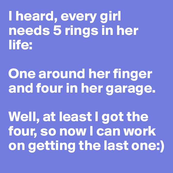 I heard, every girl needs 5 rings in her life: 

One around her finger and four in her garage.

Well, at least I got the four, so now I can work on getting the last one:) 