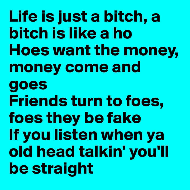 Life is just a bitch, a bitch is like a ho
Hoes want the money, money come and goes
Friends turn to foes, foes they be fake
If you listen when ya old head talkin' you'll be straight