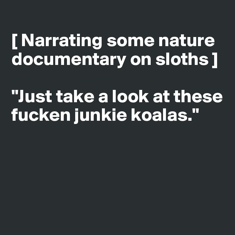 
[ Narrating some nature documentary on sloths ]

"Just take a look at these 
fucken junkie koalas."




