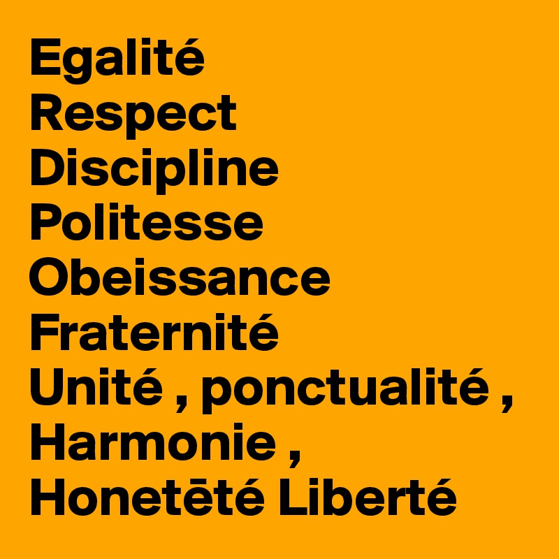Egalité
Respect
Discipline
Politesse
Obeissance
Fraternité
Unité , ponctualité , Harmonie , Honeteté Liberté