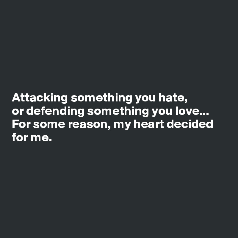 





Attacking something you hate, 
or defending something you love... 
For some reason, my heart decided for me.





