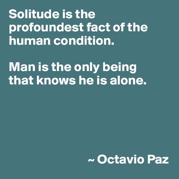Solitude is the profoundest fact of the human condition.

Man is the only being
that knows he is alone.





                              ~ Octavio Paz