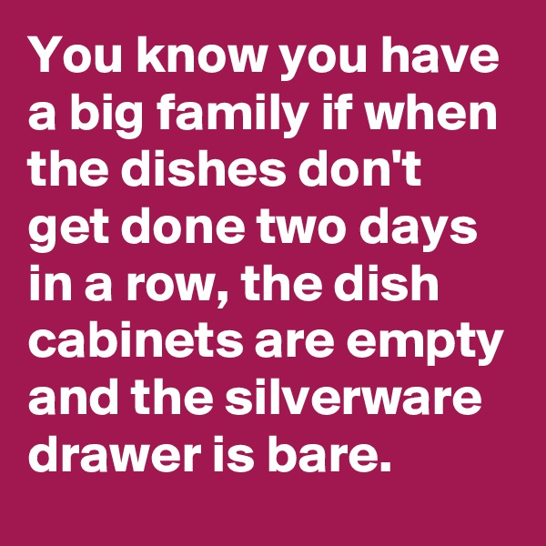You know you have a big family if when the dishes don't get done two days in a row, the dish cabinets are empty and the silverware drawer is bare.