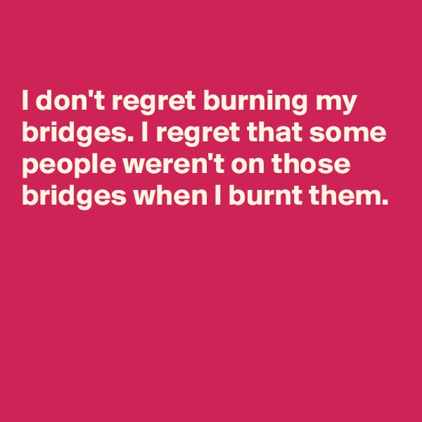 

I don't regret burning my bridges. I regret that some people weren't on those bridges when I burnt them.




