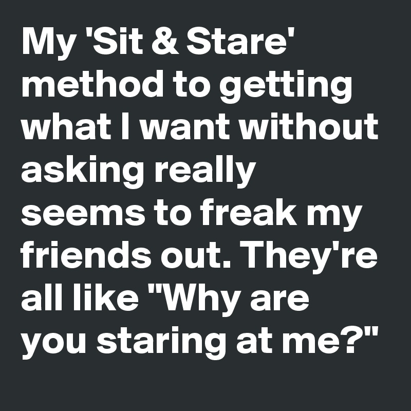 My 'Sit & Stare' method to getting what I want without asking really seems to freak my friends out. They're all like "Why are you staring at me?" 