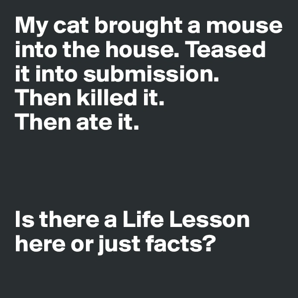 My cat brought a mouse into the house. Teased it into submission. 
Then killed it.
Then ate it. 



Is there a Life Lesson here or just facts?