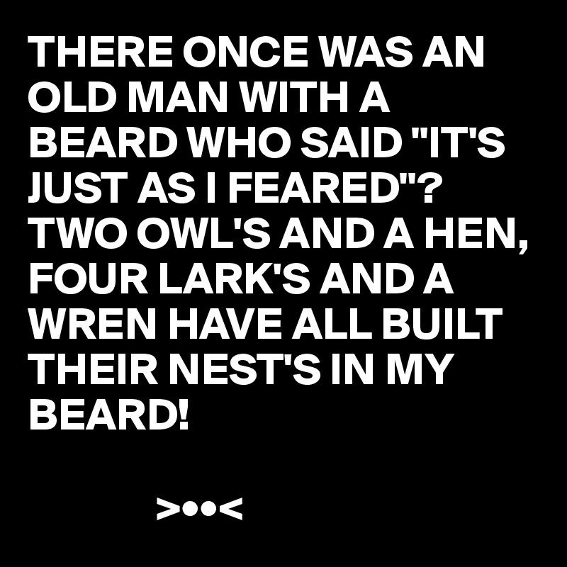THERE ONCE WAS AN OLD MAN WITH A BEARD WHO SAID "IT'S JUST AS I FEARED"?
TWO OWL'S AND A HEN, FOUR LARK'S AND A WREN HAVE ALL BUILT THEIR NEST'S IN MY BEARD!
         
              >••<
