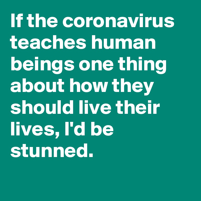 If the coronavirus teaches human beings one thing about how they should live their lives, I'd be stunned.