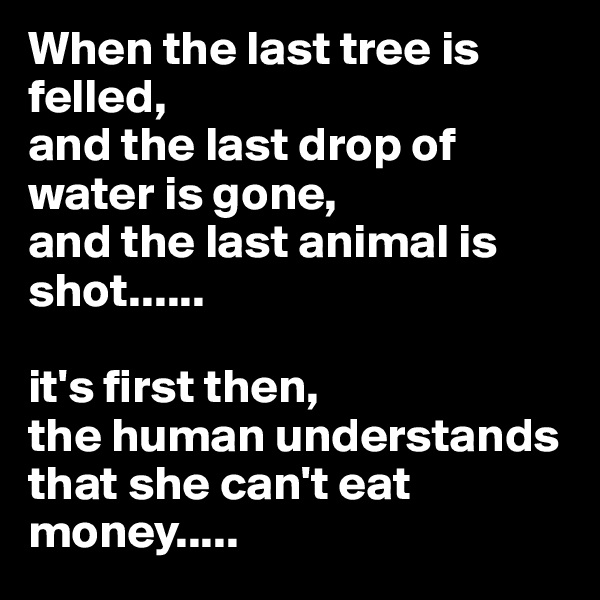 When the last tree is felled, 
and the last drop of water is gone,
and the last animal is shot......

it's first then, 
the human understands that she can't eat money.....