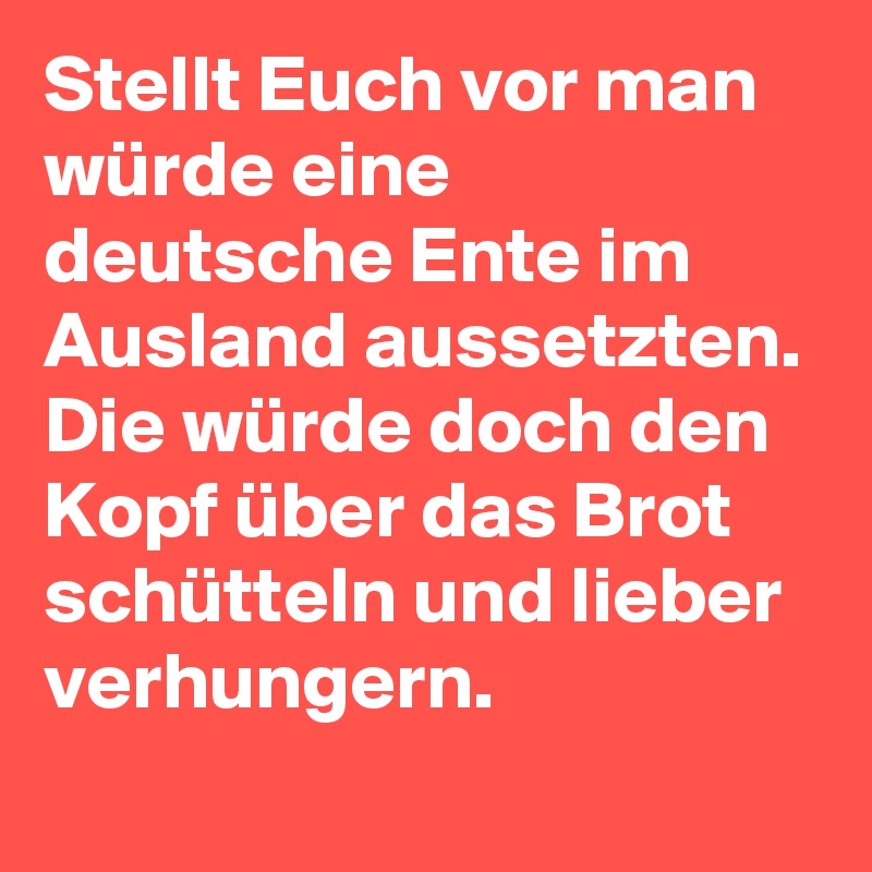 Stellt Euch vor man würde eine deutsche Ente im Ausland aussetzten. Die würde doch den Kopf über das Brot schütteln und lieber verhungern.
