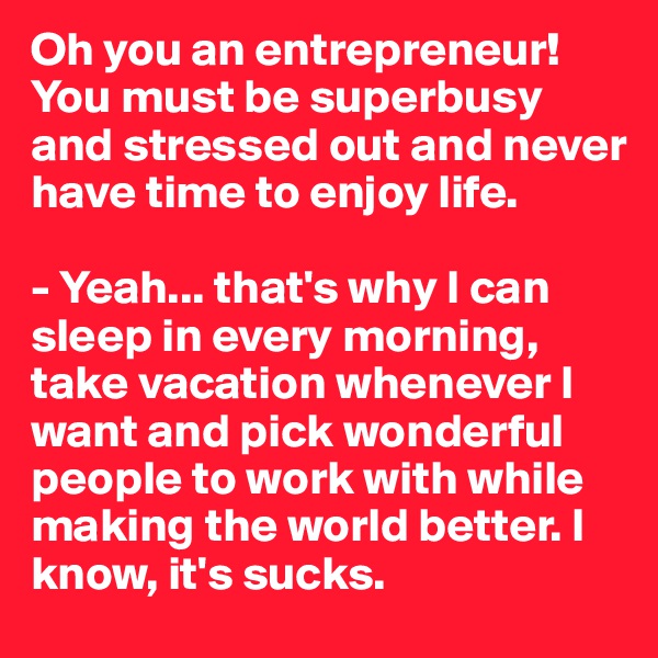 Oh you an entrepreneur! You must be superbusy and stressed out and never have time to enjoy life.

- Yeah... that's why I can sleep in every morning, take vacation whenever I want and pick wonderful people to work with while making the world better. I know, it's sucks.