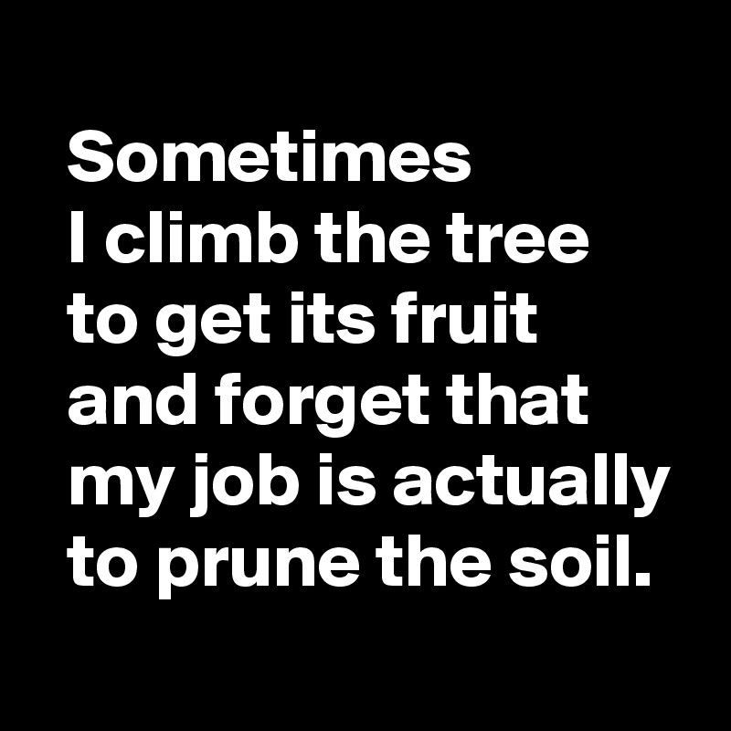  
  Sometimes 
  I climb the tree 
  to get its fruit 
  and forget that 
  my job is actually
  to prune the soil.
