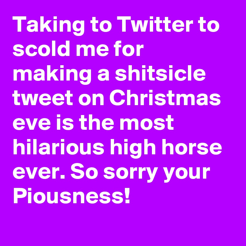 Taking to Twitter to scold me for making a shitsicle tweet on Christmas eve is the most hilarious high horse ever. So sorry your Piousness!
