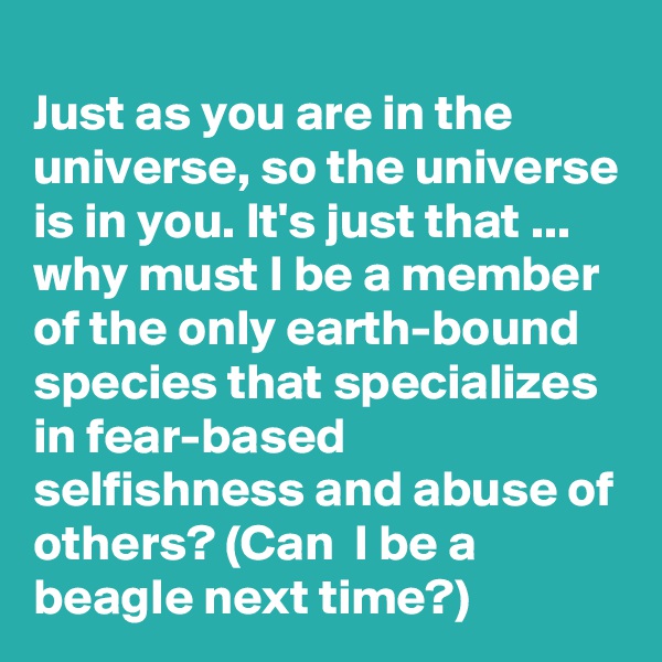 
Just as you are in the universe, so the universe is in you. It's just that ... why must I be a member of the only earth-bound species that specializes in fear-based selfishness and abuse of others? (Can  I be a beagle next time?)